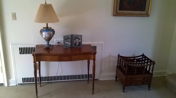 Fold down antique game table, lamp and Canterbury with drawers