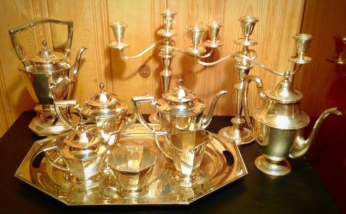 Sterling Silver Tea Sets, Pitchers and Candelabras 