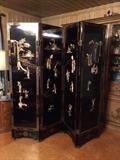 Four Panel Black Lacquer Inlaid Hard Stone & Mother of Pearl Divider