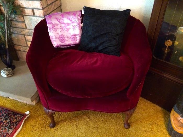 Gorgeous Large Burgundy Cut Velveteen Occasional Chair with Feather Cushion