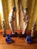 Ivory Figures and Cameo Glass Bud Vases