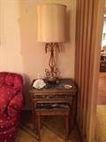 Pecan Finished Nesting Tables with Marble and Brass, Brass and Marble Gold Rope Style Decorator Lamp