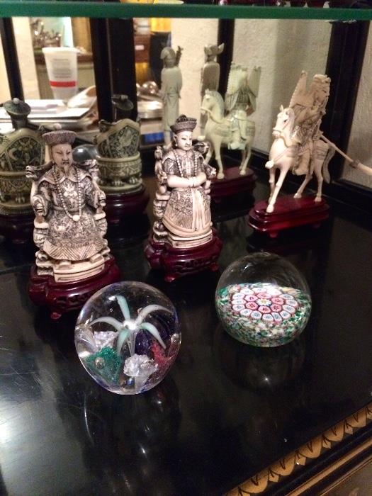 Ivory Figures and Hand Blown Paper Weights
