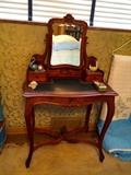 Antique Vanity with Leather Top & Tilt Mirror