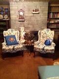 Pair of Crewel Blue Arm Chairs, Three Lobe Occasional Table with Brass Gallery, Brass Expandable Fire Screen and More