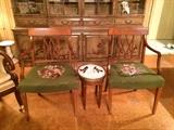 Needlepoint Arm Chairs, small Brass Gallery Marble Cocktail Table