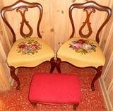 Diminutive Needlepoint Chairs and Ottoman 