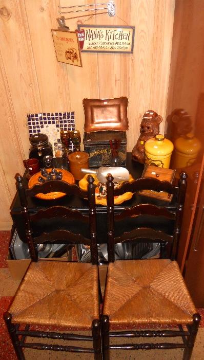 Rush Seat Ladder Back Chairs and Drop Leaf Table, Retro Cookie Jars and Kitchen Accessories