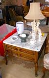 Pair of Marble Top Pecan Finished French Provincial Large End Tables