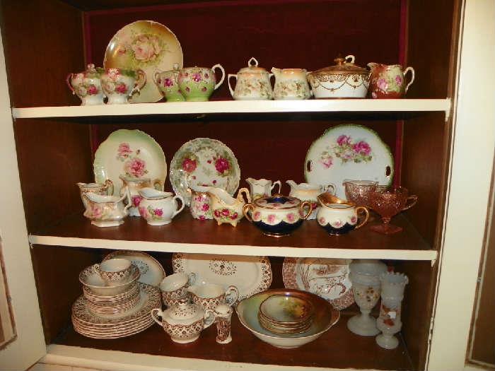 antique china, cream and sugars, Bristol vases, pink depression
