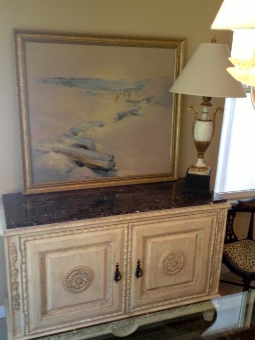 Marble top credenza and original oil painting