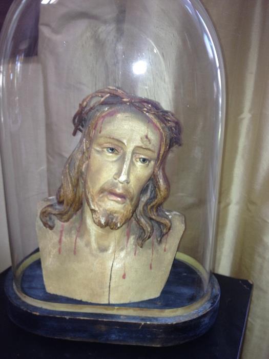 Antique Hand carved wood carving Jesus with crown of Thorns on pedestal and glass dome