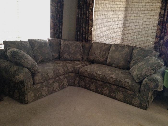 Wonderful like new condition custom sofa in neutral brocade fabric  Grey/sage green color