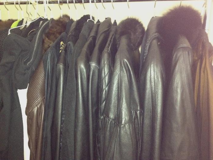 Large selection of black leather coats in med to large