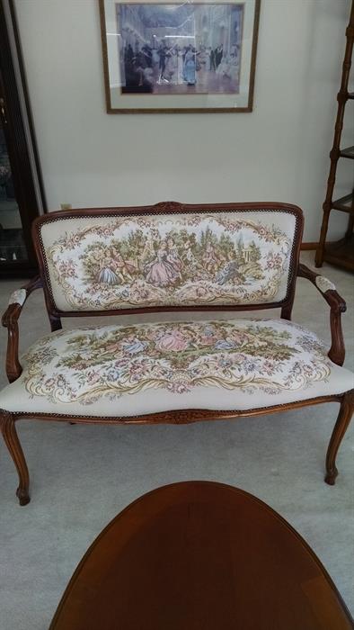 Vintage Chateau D'ax love seat wooden embroidered Italy Italian carved