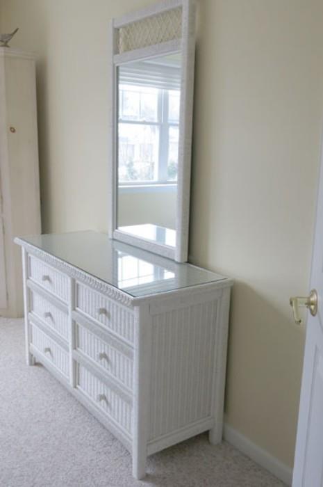 White wicker dresser, mirror, glass top