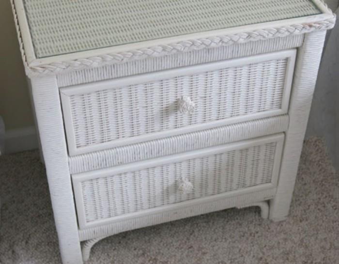 white wicker 2 draw end table, glass top