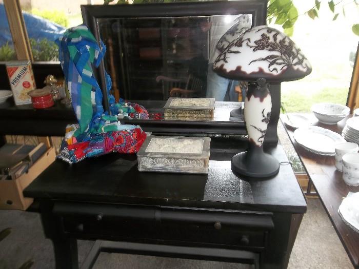 Mahogany vanity, Incolay jewelry box and lamp
