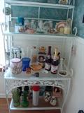 White metal Baker's rack and misc glassware
