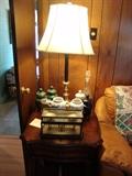 Mahogany end table with antique pharmacist double pan balance
