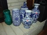 Blue ware and signed green pottery vase