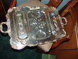 Large silver plate dinner service with meat well-in- tray and 2 vegetable side covered compartments