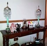 sofa table with pair of vintage dresser or buffet lamps and more