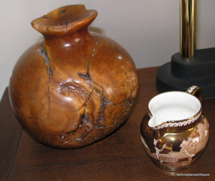 Wedgwood copper luster pitcher with fallow deer on side and this gorgeous carved wood vase