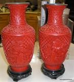 Cinnabar Vases , blue enamel inner on bases...