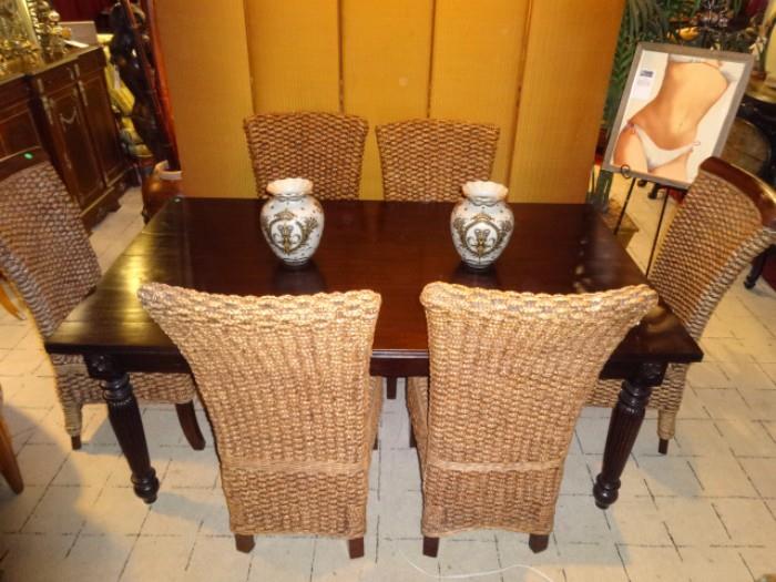 WEST INDIES STYLE DINING TABLE WITH 6 HEAVY RATTAN CHAIRS