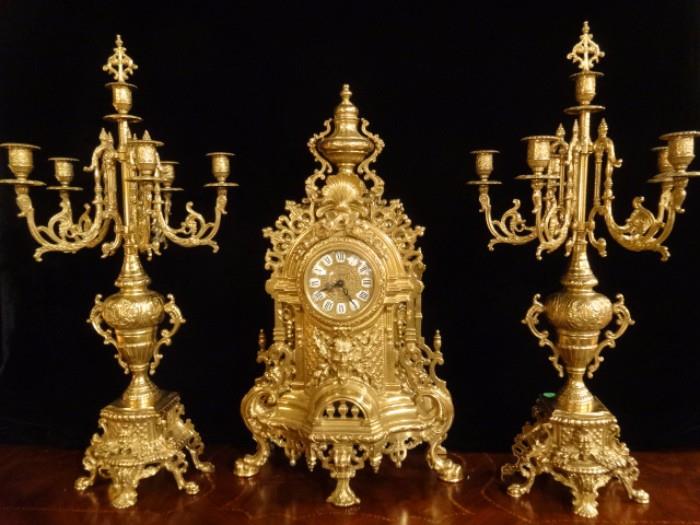 IMPERIAL BRASS MANTLE CLOCK AND CANDELABRA