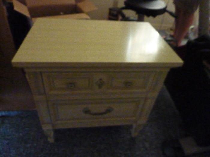 French Provincial White wash w pale blue trim. Bedside Table 2 drawer 24w x 16d x 24h
