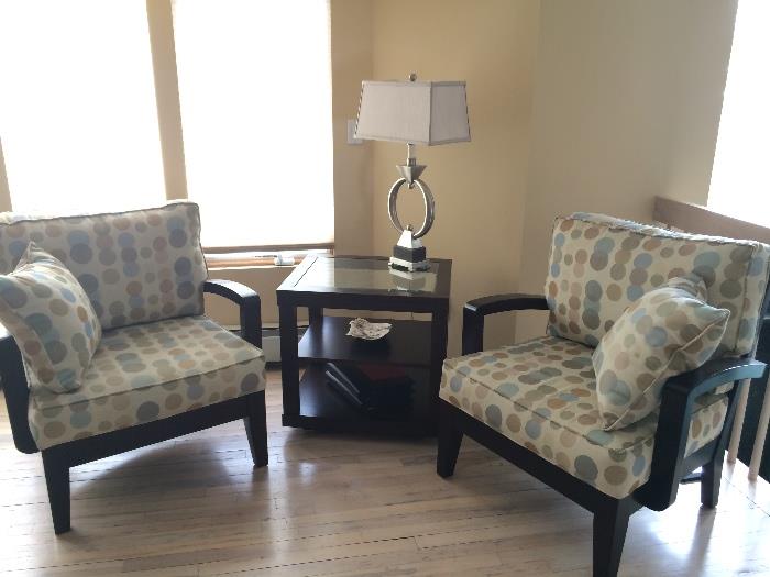 Pair of chairs, end tables, lamps