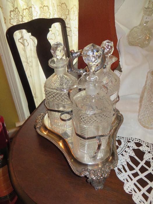 CUT GLASS AND SILVER DECANTER STAND