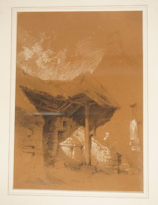 Lot 18:  HUBERT CLERGET French Pastel Charcoal Drawing.  Thatched Building with Mountain Background. Signed.: Dimensions:  Image Size: H: 12.75 inches: W: 9 inches --- 
