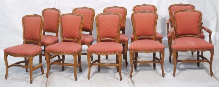 Lot 122:  Set of 10 Country French Dining Chairs.  Carved frames.  @ with arms and 8 side chairs.: Dimensions:  H: 36 inches: W: 24 inches: D: 19 inches --- 