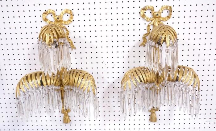 Lot 125:  Pair Large Gilt Palm Leaf Wall Sconces with Spire Prisms.  Matches proceeding lot.  3 arm design.  Ribbon and swag.  Bronze or brass.: Dimensions:  H: 22 inches: W: 14.5 inches: D: 9 inches --- 