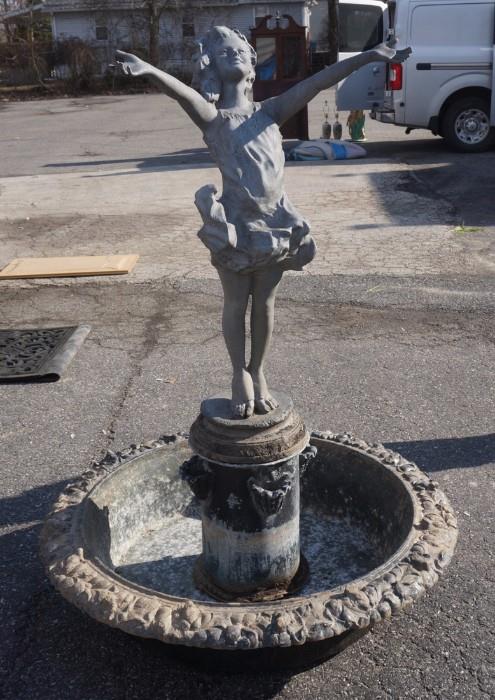 Lot 129:  Large Iron and Zinc Garden Fountain.  Girl with outstretched arms.  Frogs around base.  : Dimensions:  H: 63 inches: W: 51 inches --- 