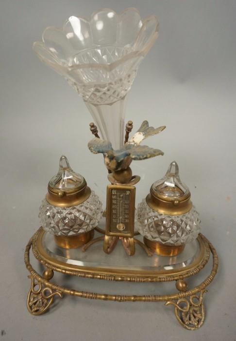 Lot 152:  Bronze & Crystal Austrian Inkwell. Ink Stand. Two lidded jars and Trumpet form crystal vase posey holder.  Cold painted bird detail. Paint is worn of a blue bird: Dimensions:  H: 9.5 inches: W: 8 inches: D: 6 inches --- US Shipping charge: $35
