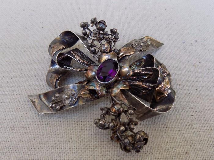 antique Hobe sterling amethyst pin with gold accents