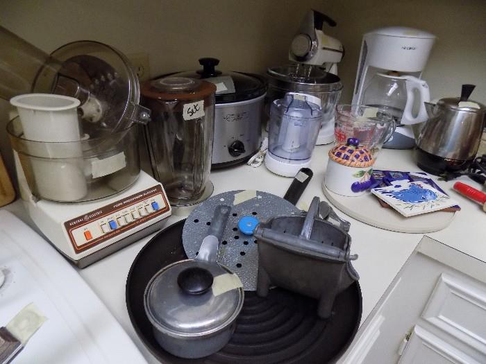 blender/food processor, crock pot, chopper, Sunbeam stand mixer, coffee maker, vintage electric coffee pot