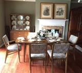 Drexel Profile table with 8 chairs (6 shown) with matching china cabinet and bird prints!