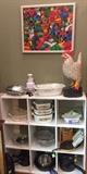 Henri acrylic painting, wooden chicken, vintage Corning Ware, pots and pans!