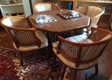 Card table, 4 DR Kincaid club chairs, two onyx chess sets!