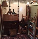 Antique oak Swedish arts and crafts drop down desk, African wooden animals!
