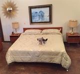 Mid-century Danish modern kingsize bed, two nightstands, Monet print, starburst mirror. (Bedspread and mattresses also for sale, but Sophie is not!)
