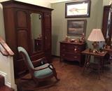 Antique Lincoln rocker, antique wardrobe (reduced), oak antique chest and table.
