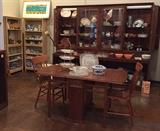 Arts and Craft Swedish gate leg table, two slat back chairs, lots of cookware, dishes, glass, small appliances.