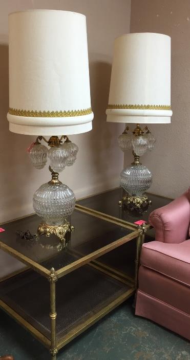 Pair of mid-century glass and brass lamps and  pair of Hollywood Regency brass and glass tables in Bargainville.