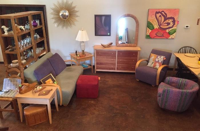 Carter sofa and chair, swivel purple print chair, Copeland dresser and end table, accessories!